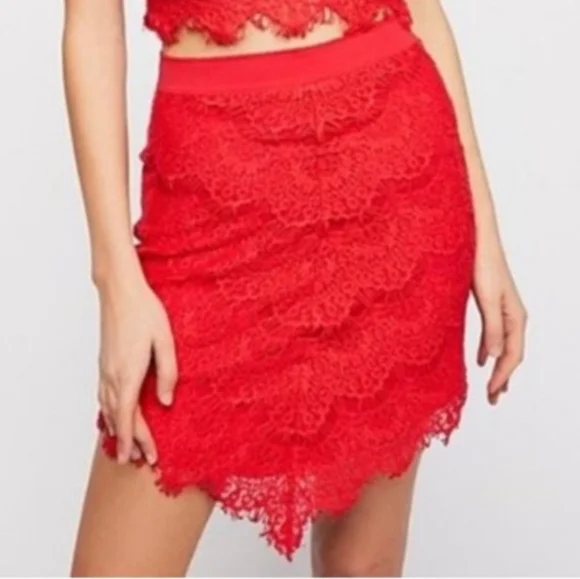 Free People Sabina Ginger Set Crop Top Mini Skirt Lace Red Sizes Sm & Md NWT - Picture 7 of 16